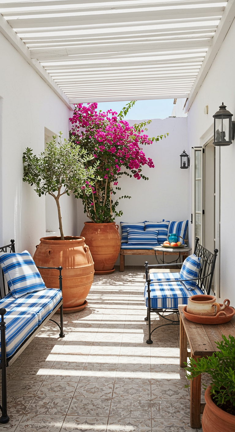 Mediterraan balkon met witte muren, pergola, blauw-wit gestreepte kussens en terracotta potten.