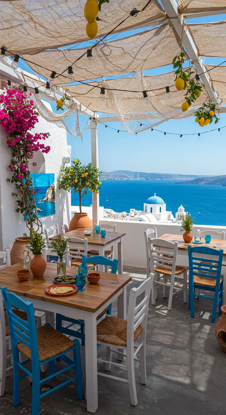 Grieks terras met witte muren, blauwe stoelen, citroenen, bougainvillea en uitzicht op zee.