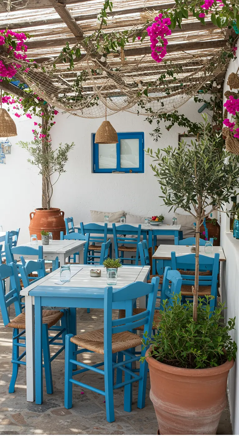 Griekse taverna sfeer met witte muren, blauwe stoelen en olijfboompjes.