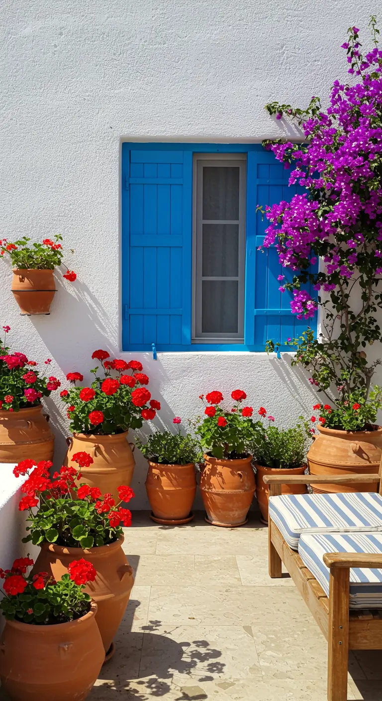 Witte muur met blauwe luiken, overladen met rode geraniums in terracotta potten en een bougainvillea.