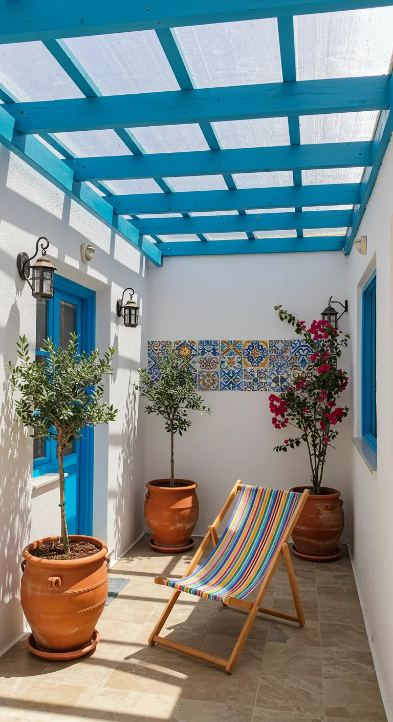 Gestreepte strandstoel onder blauwe houten pergola op mediterrane patio met witte muren.