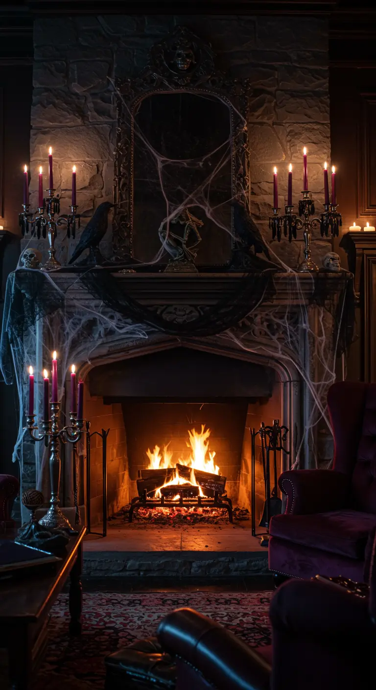 Donkere, sfeervolle open haard decoratie voor Halloween met spinnenwebben en kaarsen.