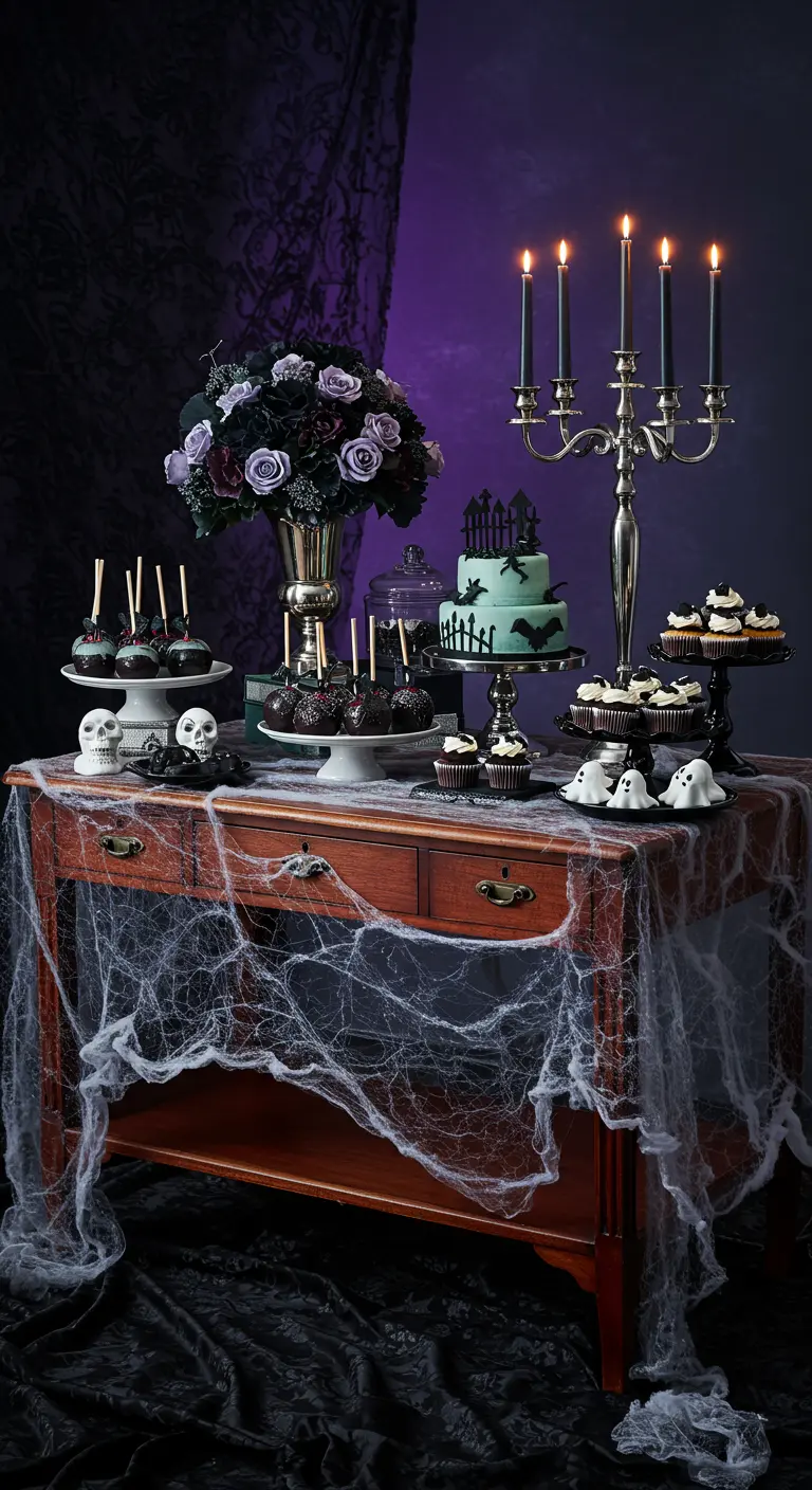 Gotische Halloween desserttafel met spinnenwebben, kandelaars en enge lekkernijen.