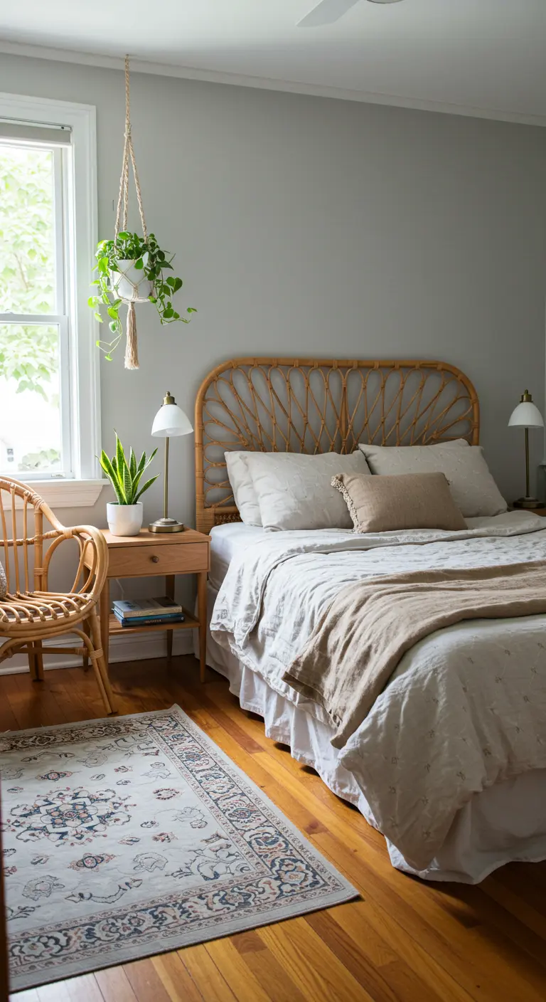Slaapkamer met grijze muren, rotan bed, houten nachtkastje, plant en tapijt.