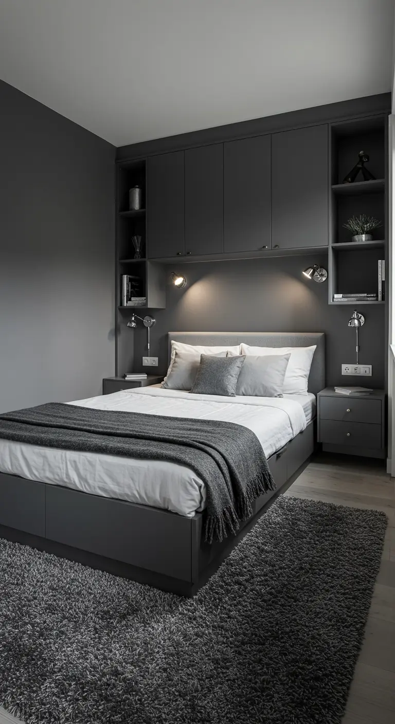 Moderne, grijze slaapkamer met ingebouwde kasten boven het bed en een donkergrijs hoogpolig tapijt.