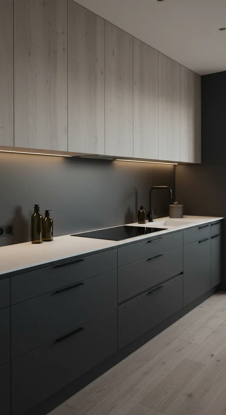 Moderne keuken met donkergrijze onderkasten en licht houtlook bovenkasten.