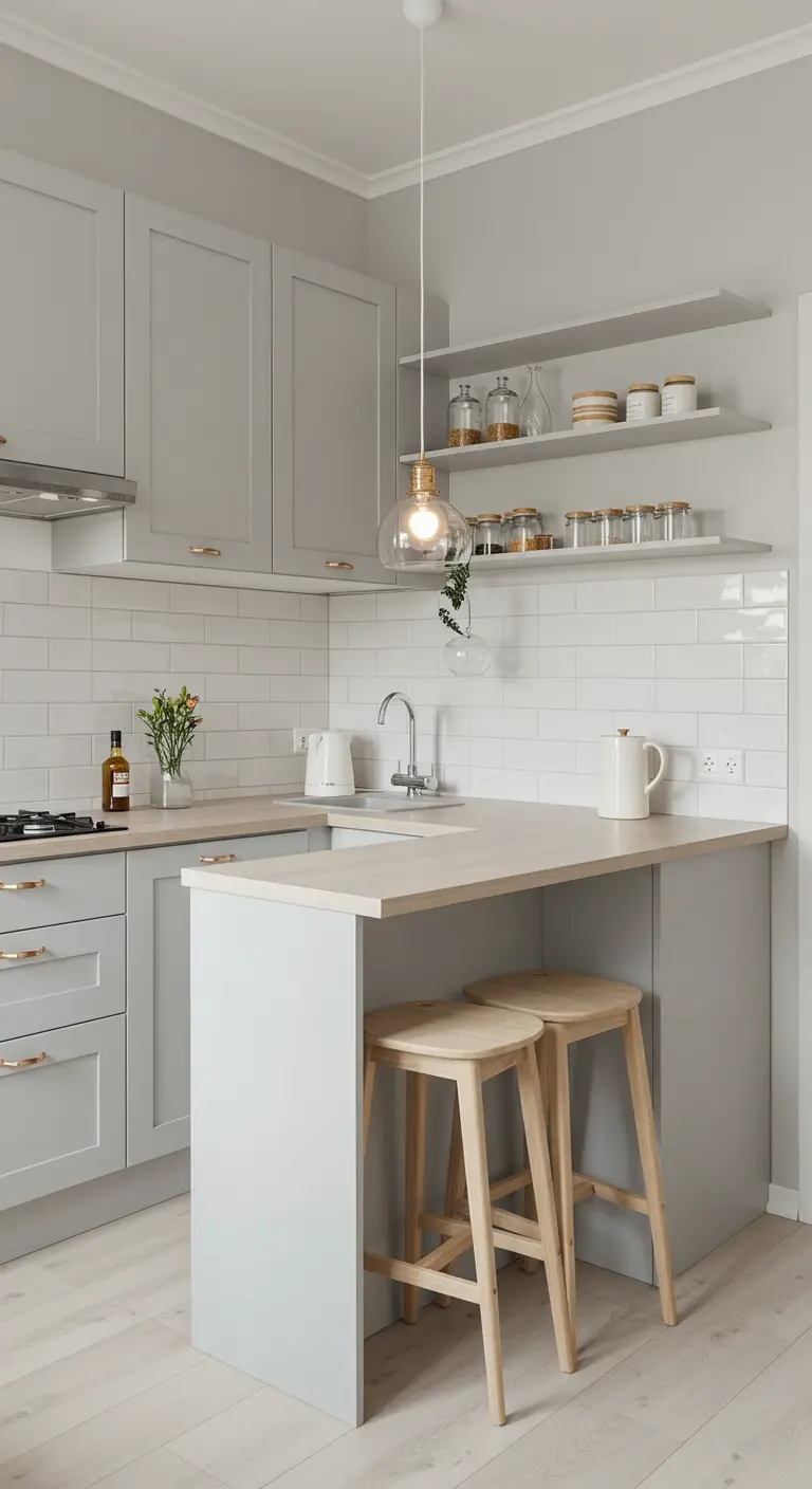 Lichtgrijze Scandinavische keuken met open planken en klein barretje.