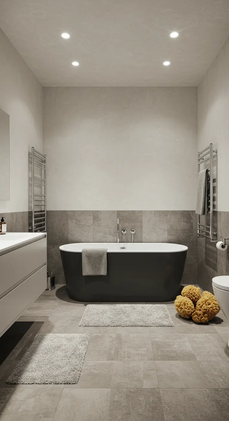 Grijze badkamer met donker bad en natuurlijke zeesponzen.