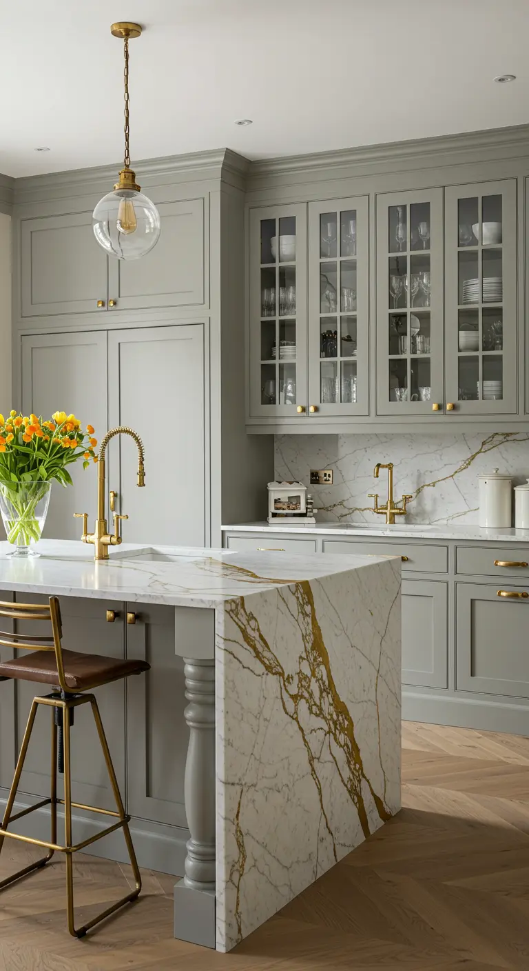 Grijze keuken met marmeren eiland met gouden aders, messing kranen, knoppen en glazen bovenkasten.