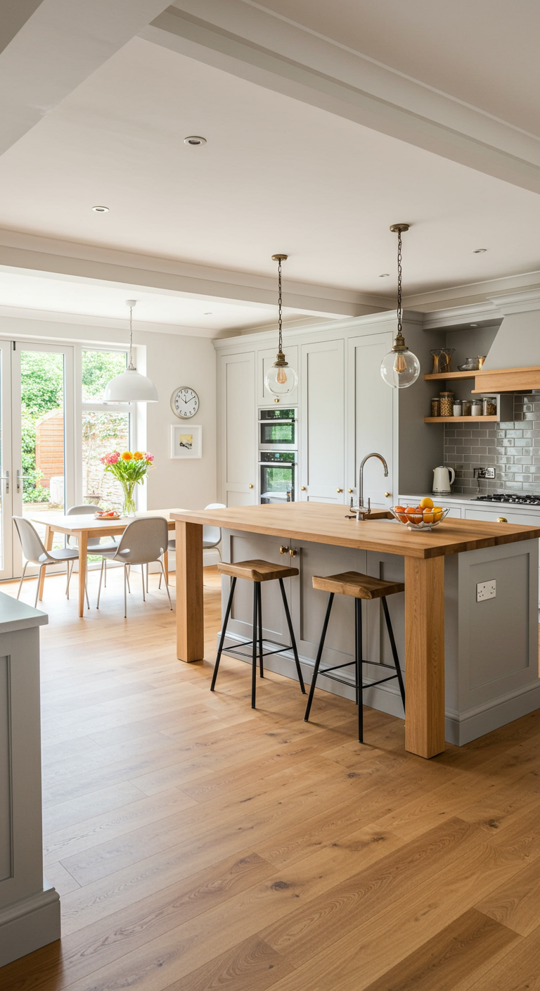 Grijze keuken met groot houten eiland en eettafel, lichte houten vloer.