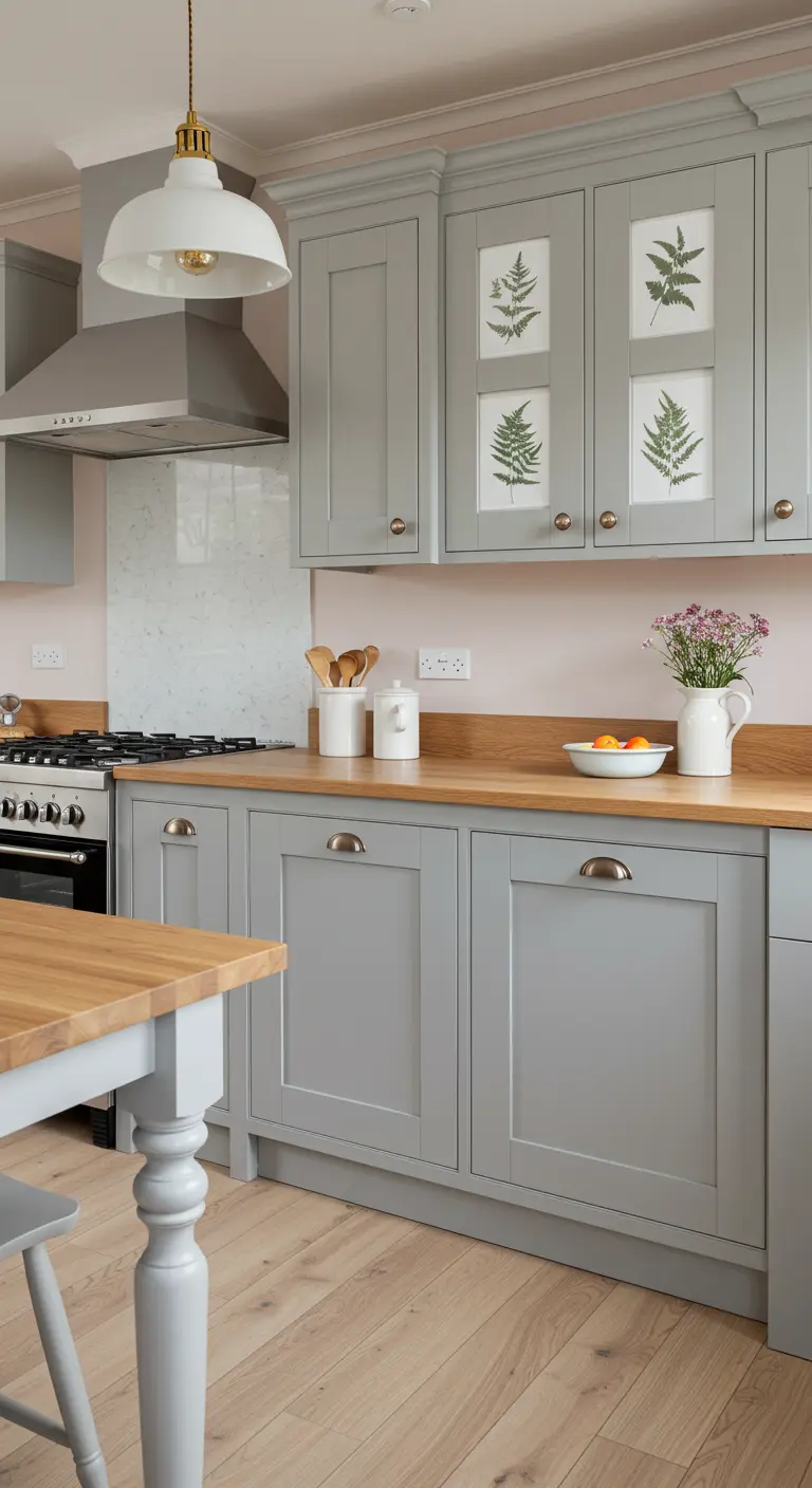 Lichtgrijze keuken met zachtroze muur en houten werkblad.