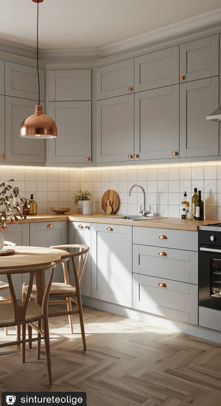 Grijze Scandinavische keuken met koperen details en houten werkblad.