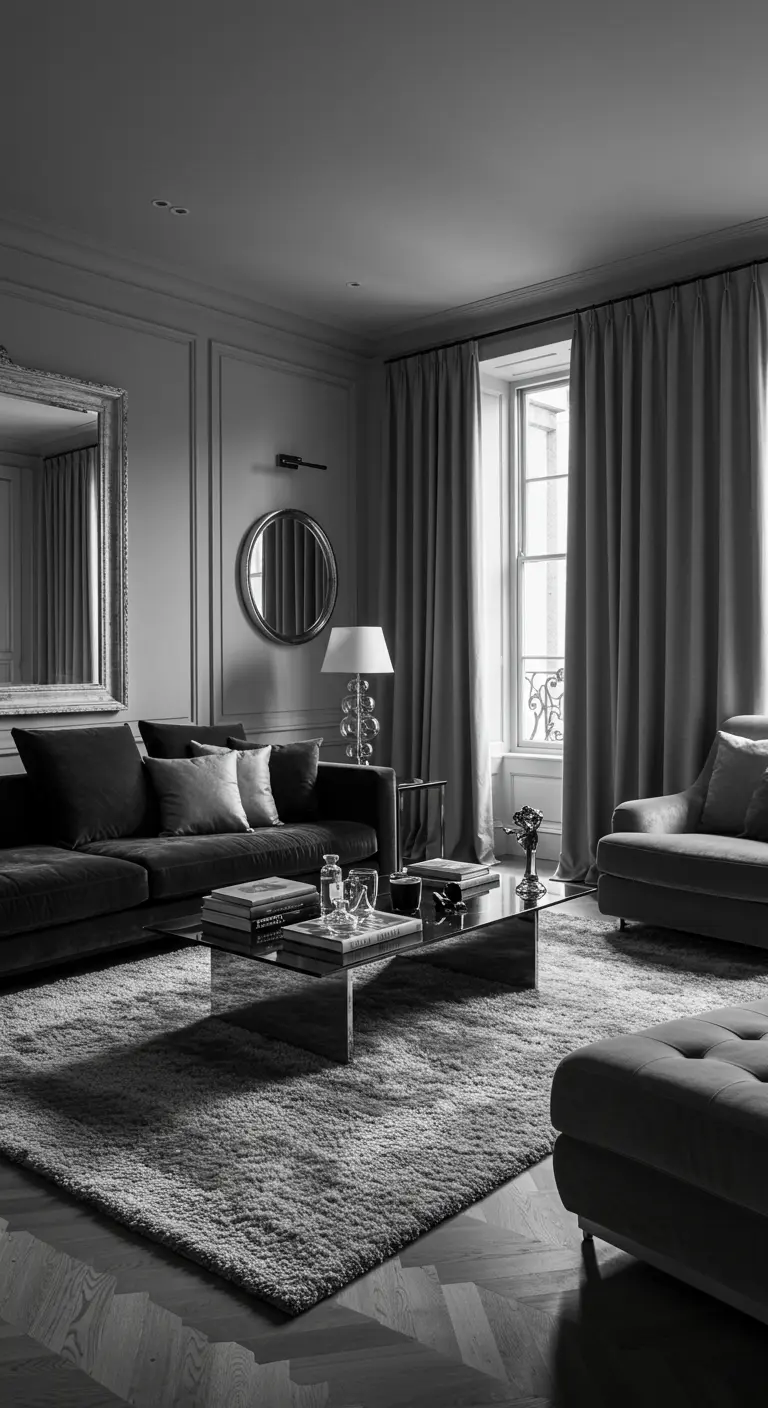 Elegante monochrome grijze woonkamer met klassieke details en spiegels.