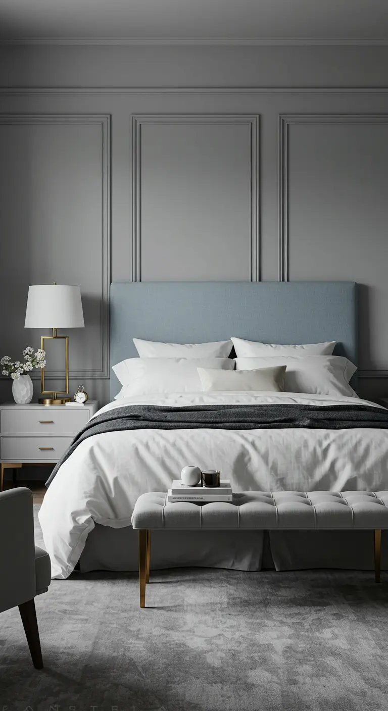 Elegante grijze slaapkamer met sierlijsten, lichtblauw hoofdbord en wit beddengoed.