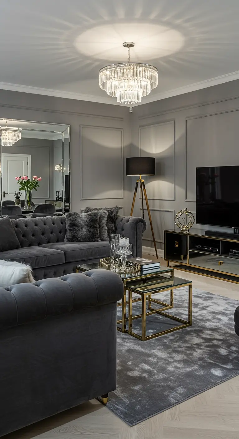 Grijze woonkamer met fluwelen bank, gelaagde gouden salontafels en een grote spiegelwand.