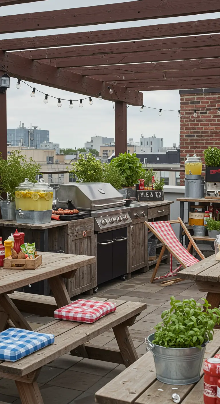 Dakterras voor barbecue met picknicktafels, barbecue en limonadetap.