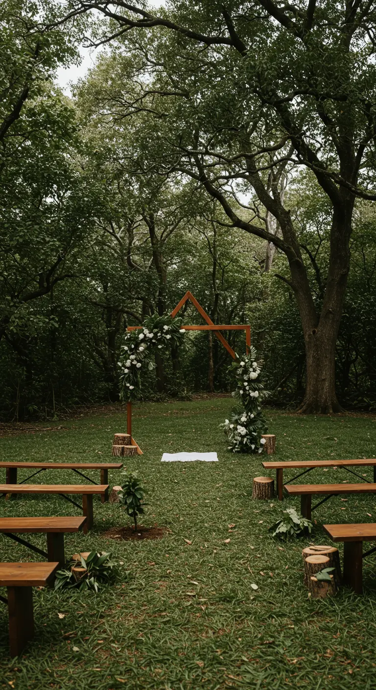 Buiten ceremonie in een bosrijke omgeving met een jonge boom die geplant wordt.