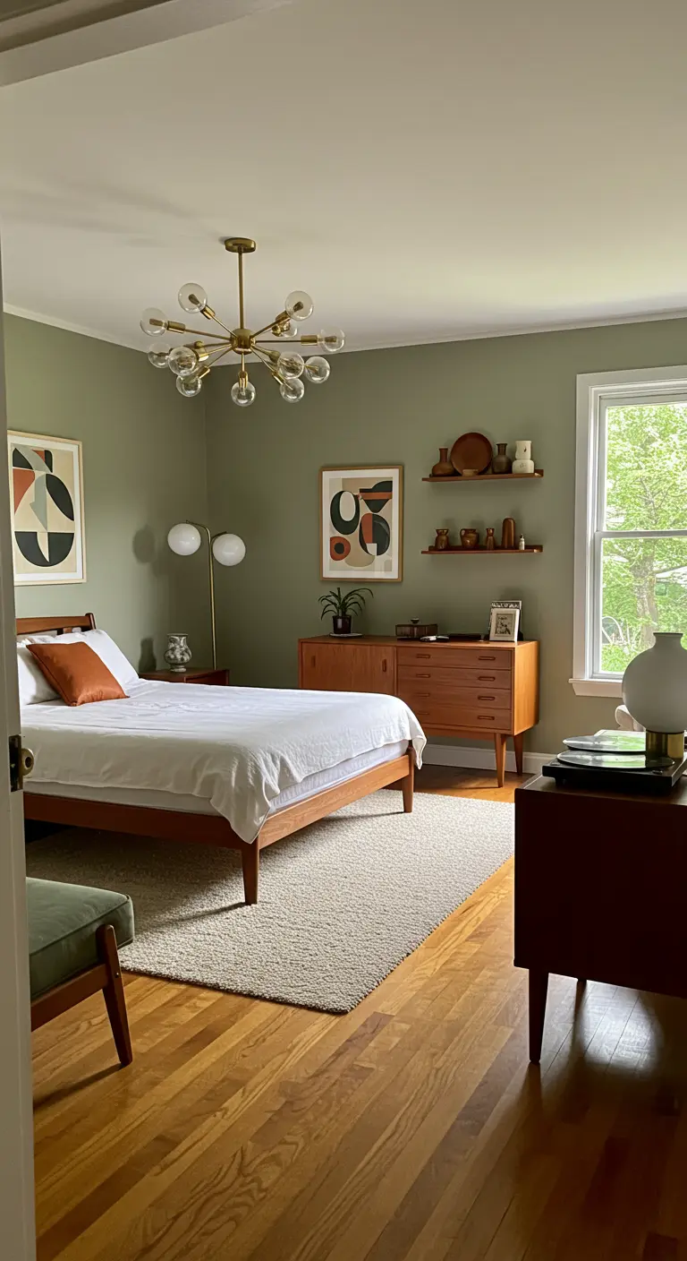 Mid-century slaapkamer met saliegroene muren, houten bed, dressoir en een Sputnik lamp.