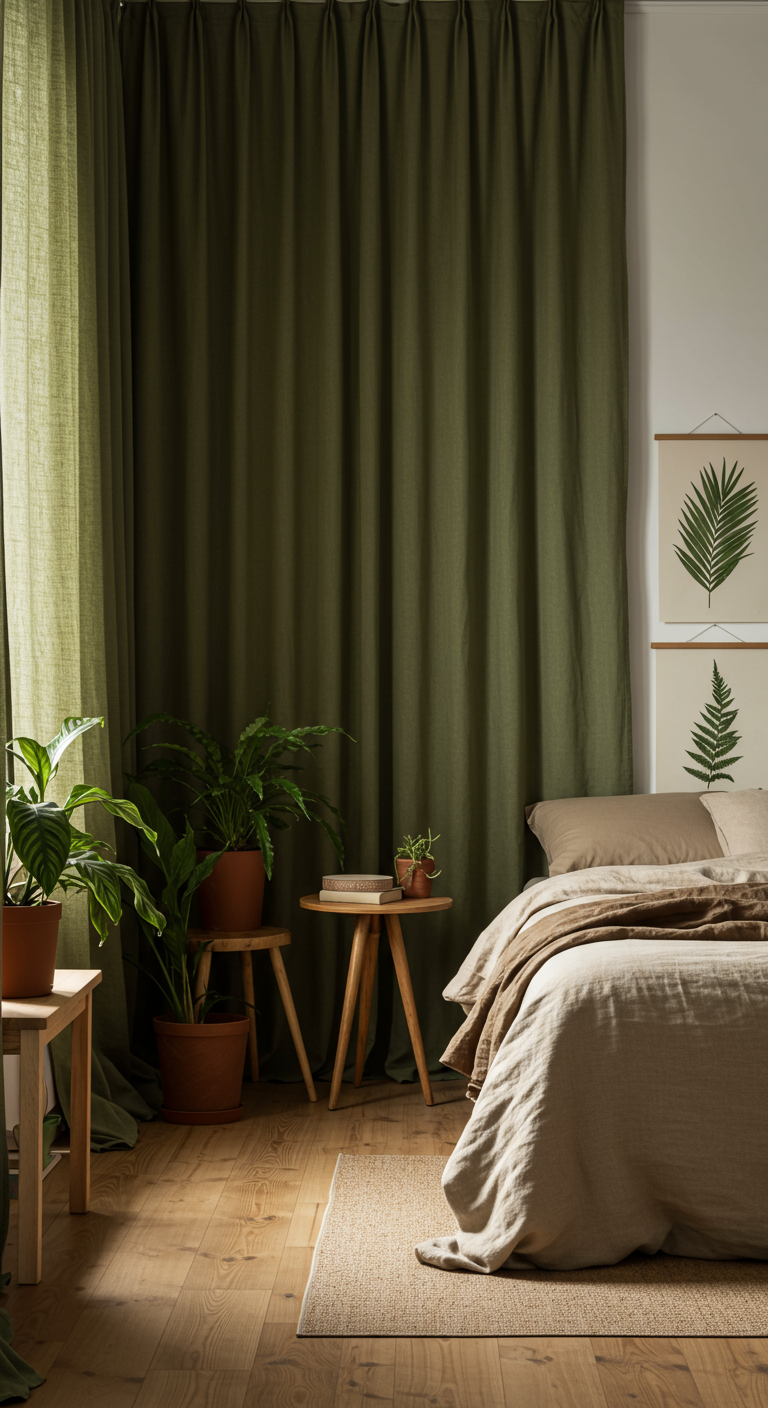 Slaapkamer met olijfgroene linnen gordijnen, houten meubels en planten.