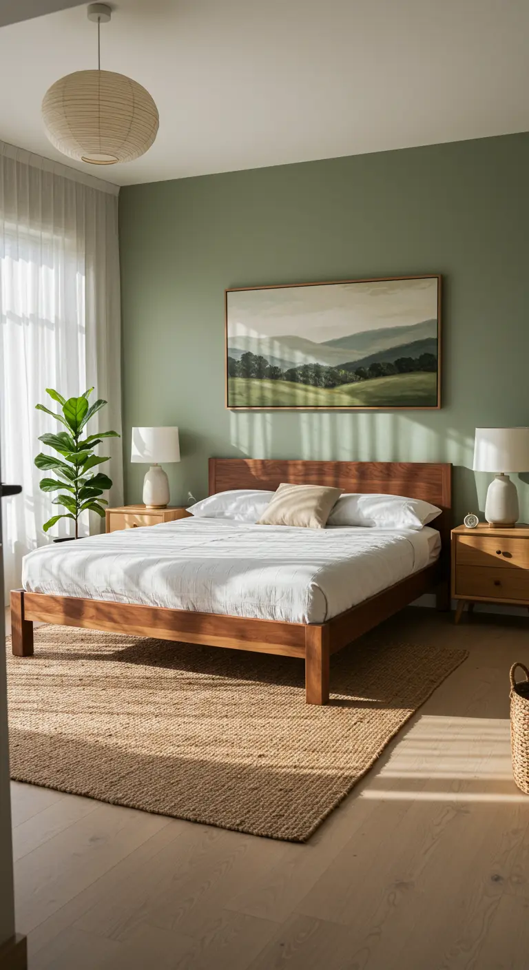 Slaapkamer met saliegroene muur, houten bed, jute kleed en landschapsschilderij.