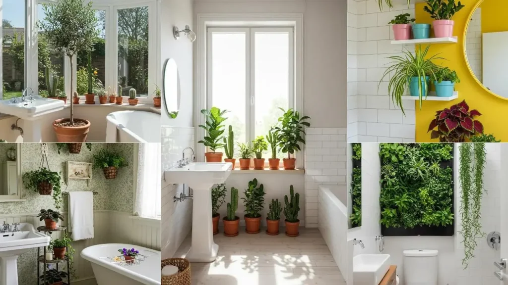 Diverse badkamers met weelderig groen: hangplanten, potplanten en een verticale tuin voor een jungle-sfeer.