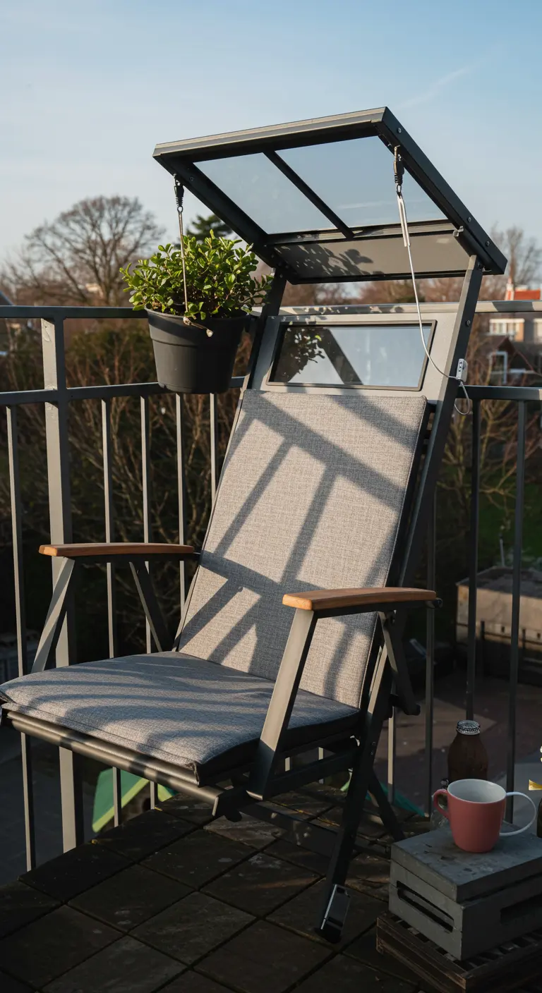 Grijze tuinstoel met metalen frame erboven waaraan een plantenbak hangt.