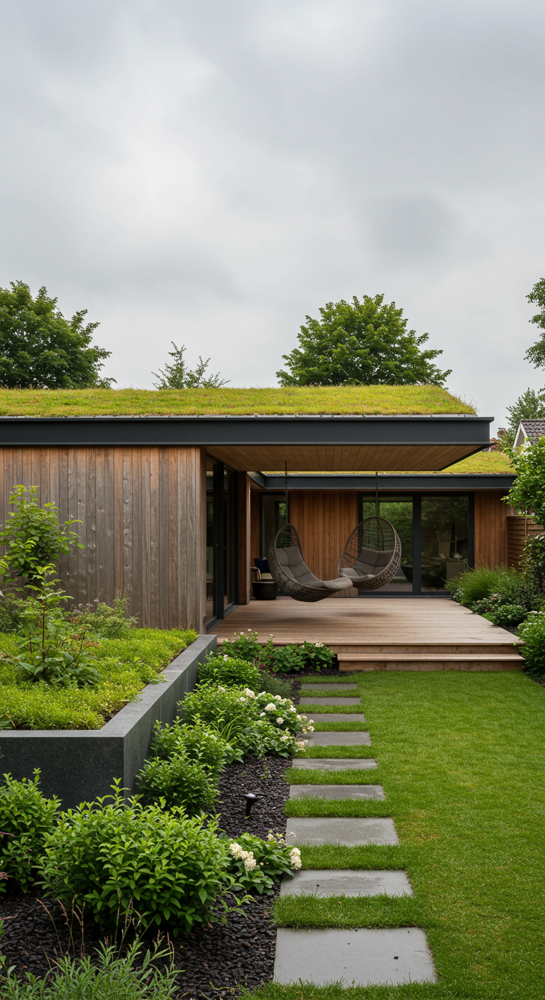 Modern tuinhuis met houten gevel, groen sedumdak en twee hangstoelen op terras.