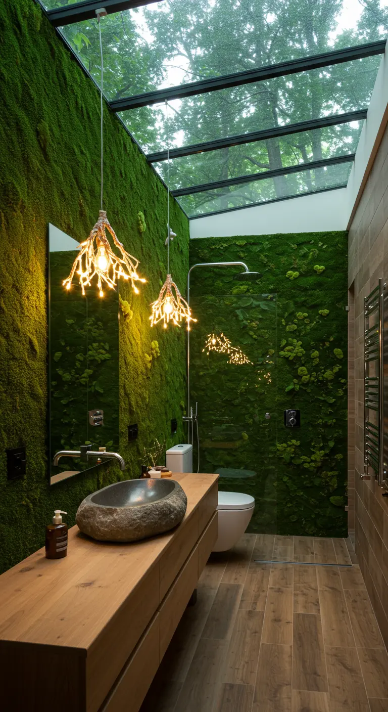 Badkamer met levende groene muur, glazen dakraam en unieke hanglampen in de vorm van takken.