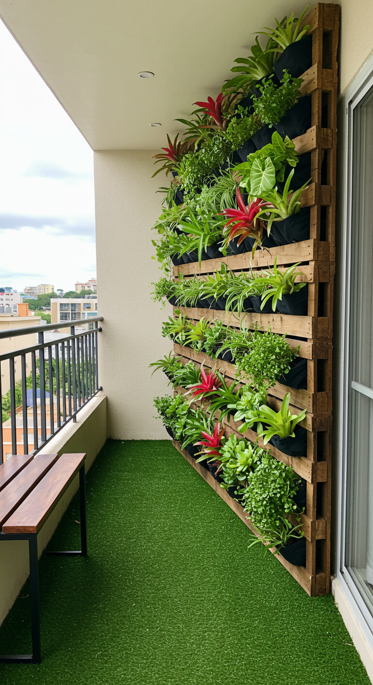Balkon met verticale tuin gemaakt van een houten pallet, gevuld met diverse tropische planten.