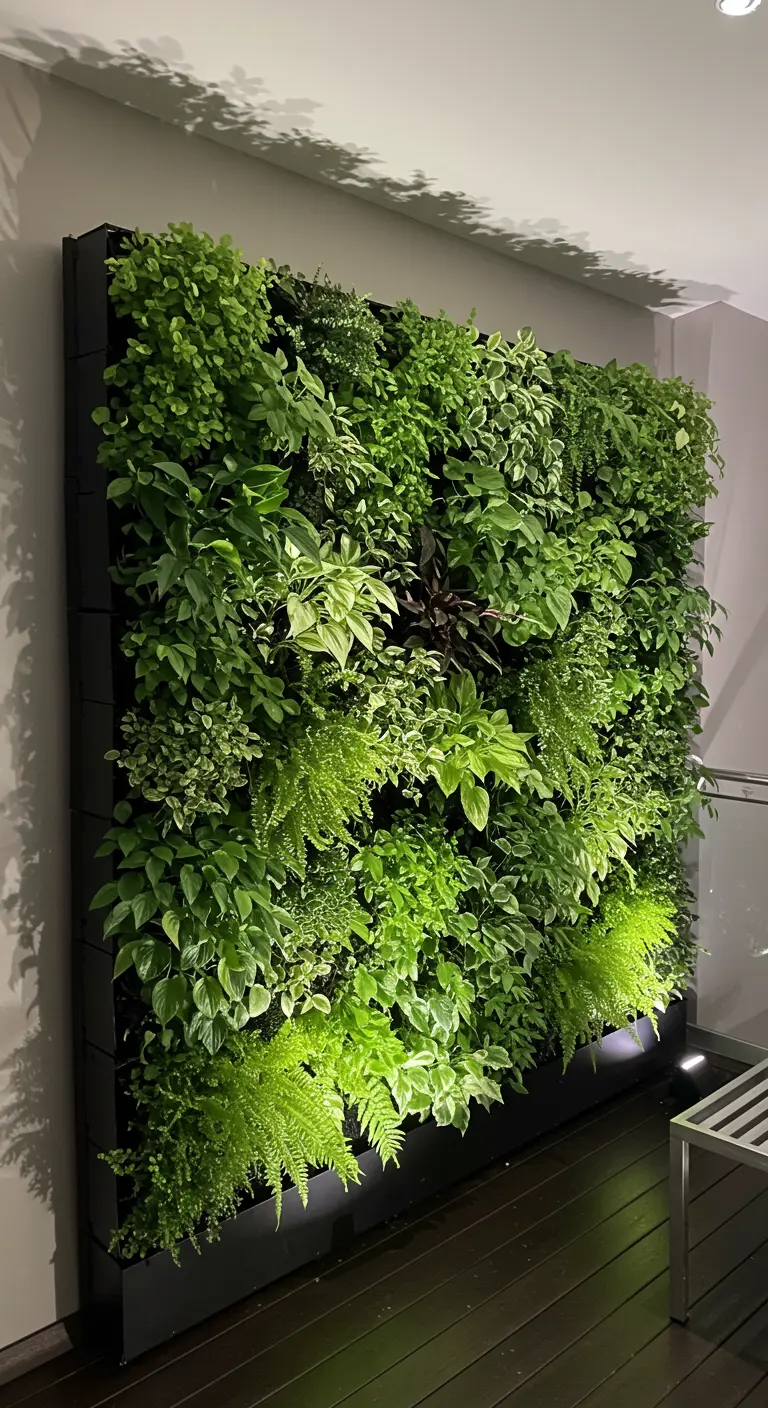 Weelderige verticale tuinwand vol verschillende groene planten op een modern balkon.