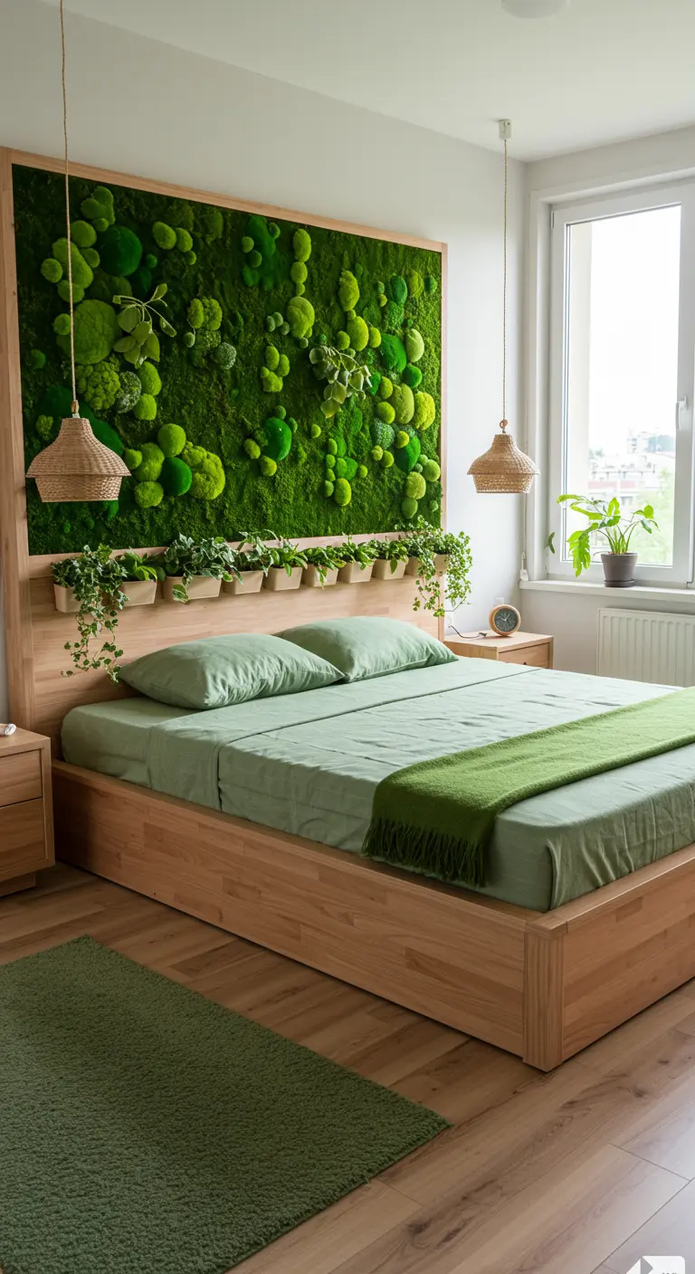 Houten bedframe met een levend groen hoofdbord van mos en hangplanten.