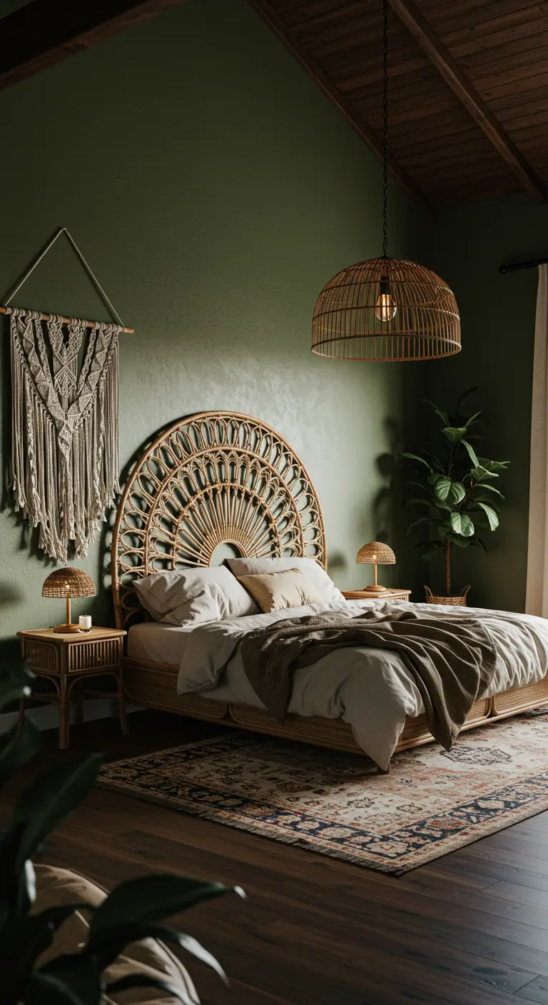 Slaapkamer met donkergroene muur, groot rond rotan hoofdbord en hanglamp.