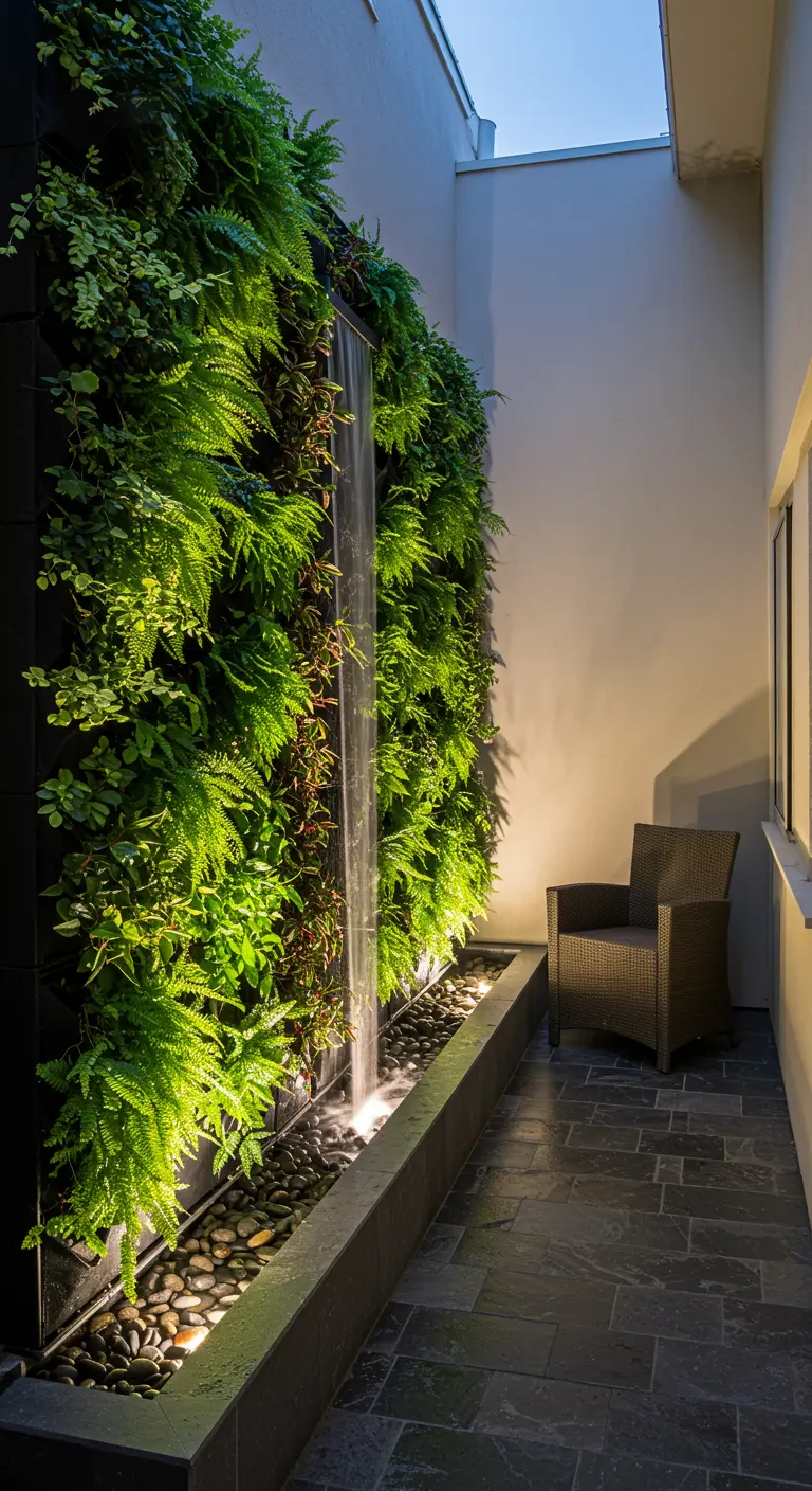 Verticale groene muur met een geïntegreerde waterval, kiezelbak en sfeervolle verlichting.