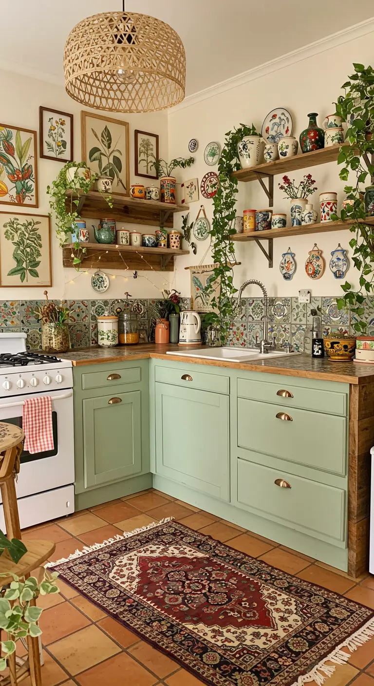 Bohemian keuken met groene kastjes, open planken vol kleurrijk servies en planten.