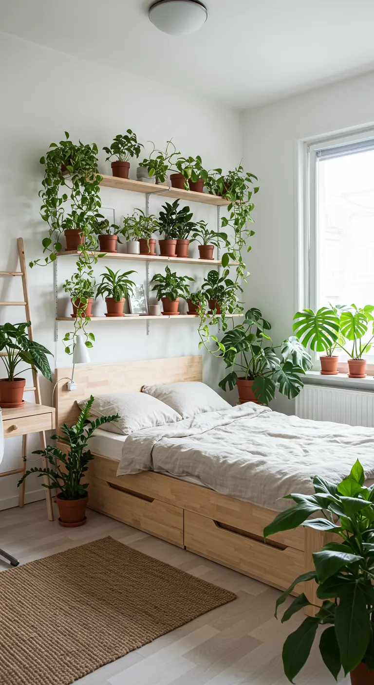 Lichte slaapkamer met houten bed en veel planten op wandplanken.