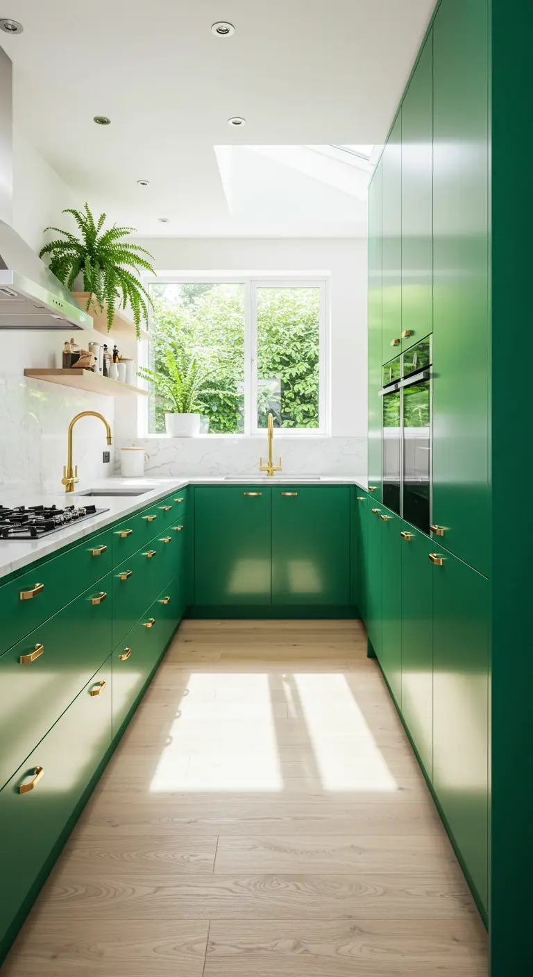 Smalle groene keuken met gouden accenten en lichtinval van boven.