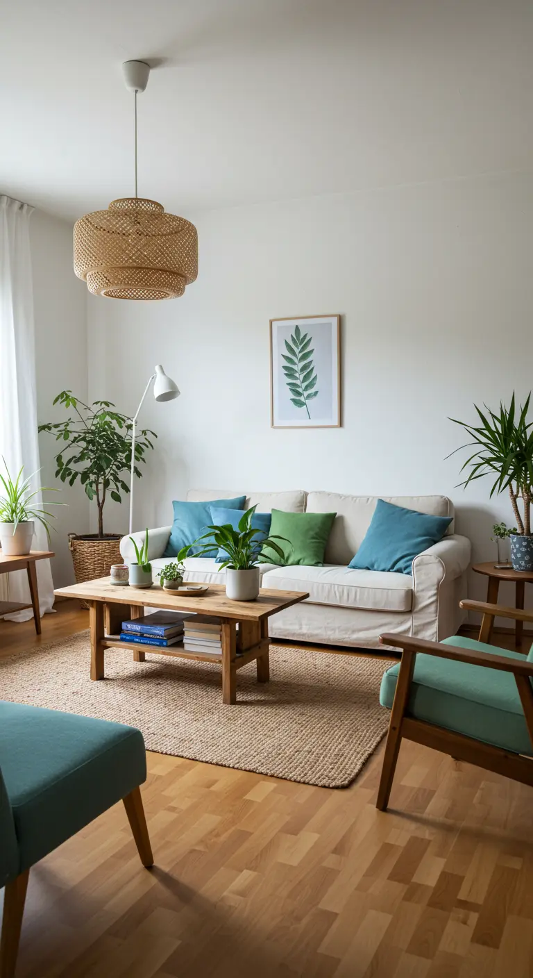 Lichte woonkamer met veel planten, crèmekleurige bank en blauwgroene accenten.