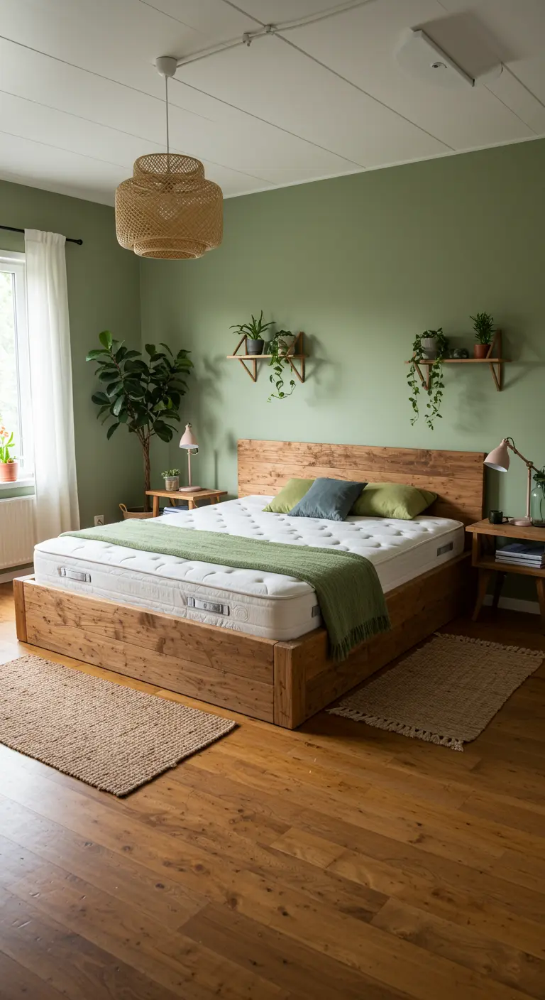 Scandinavische slaapkamer met houten bed, olijfgroene muur en veel kamerplanten.