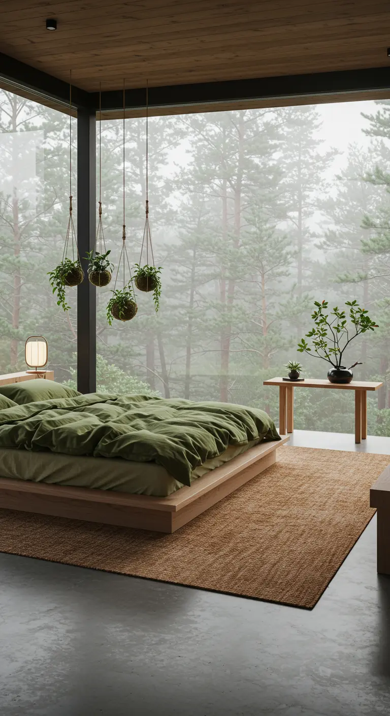 Japandi slaapkamer met groot raam, uitzicht op bos, groen beddengoed en hangplanten.