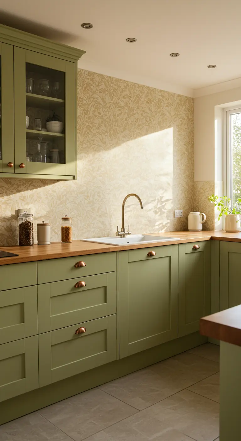 Keuken met olijfgroene kasten en een houten werkblad, als inspiratie voor een warme glazen achterwand.
