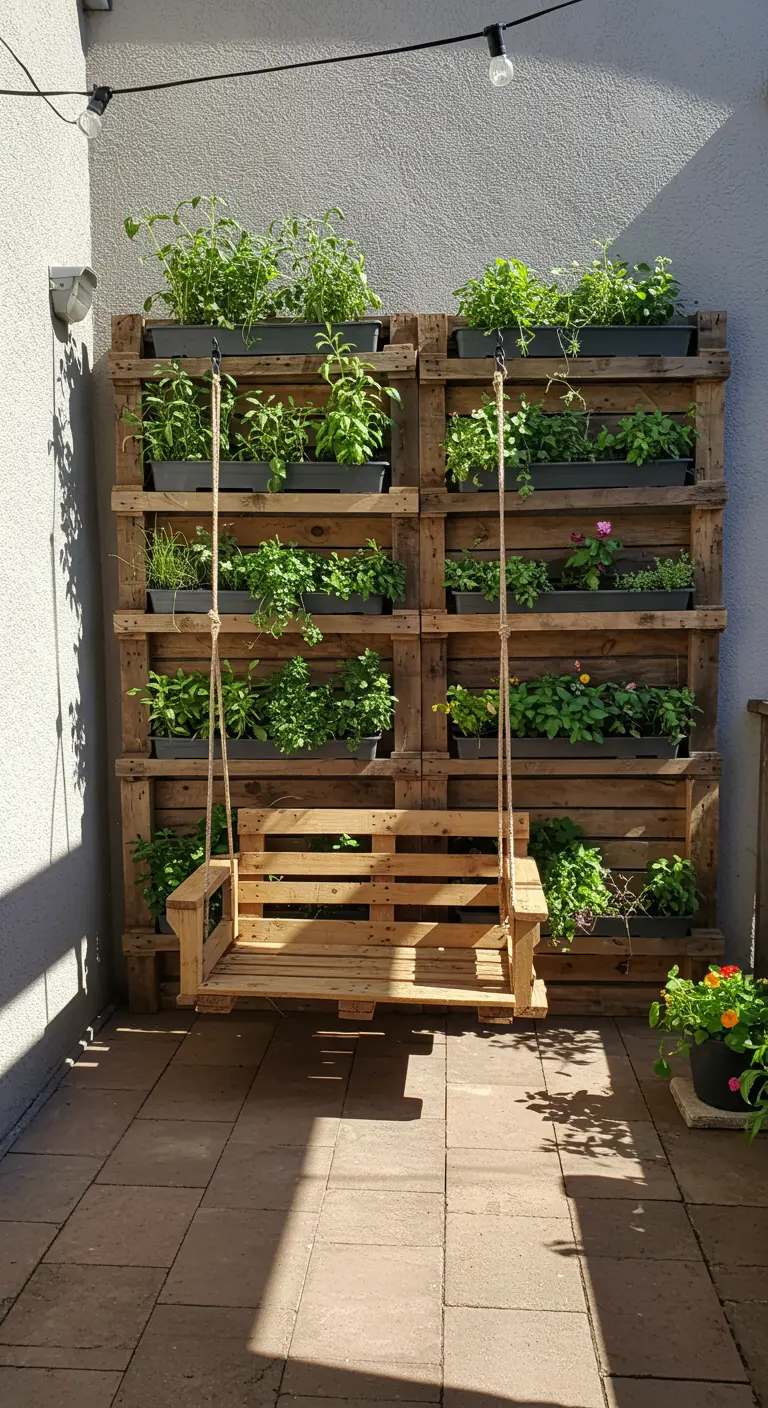 Houten palletschommel bevestigd aan een verticale kruidentuin van pallets.