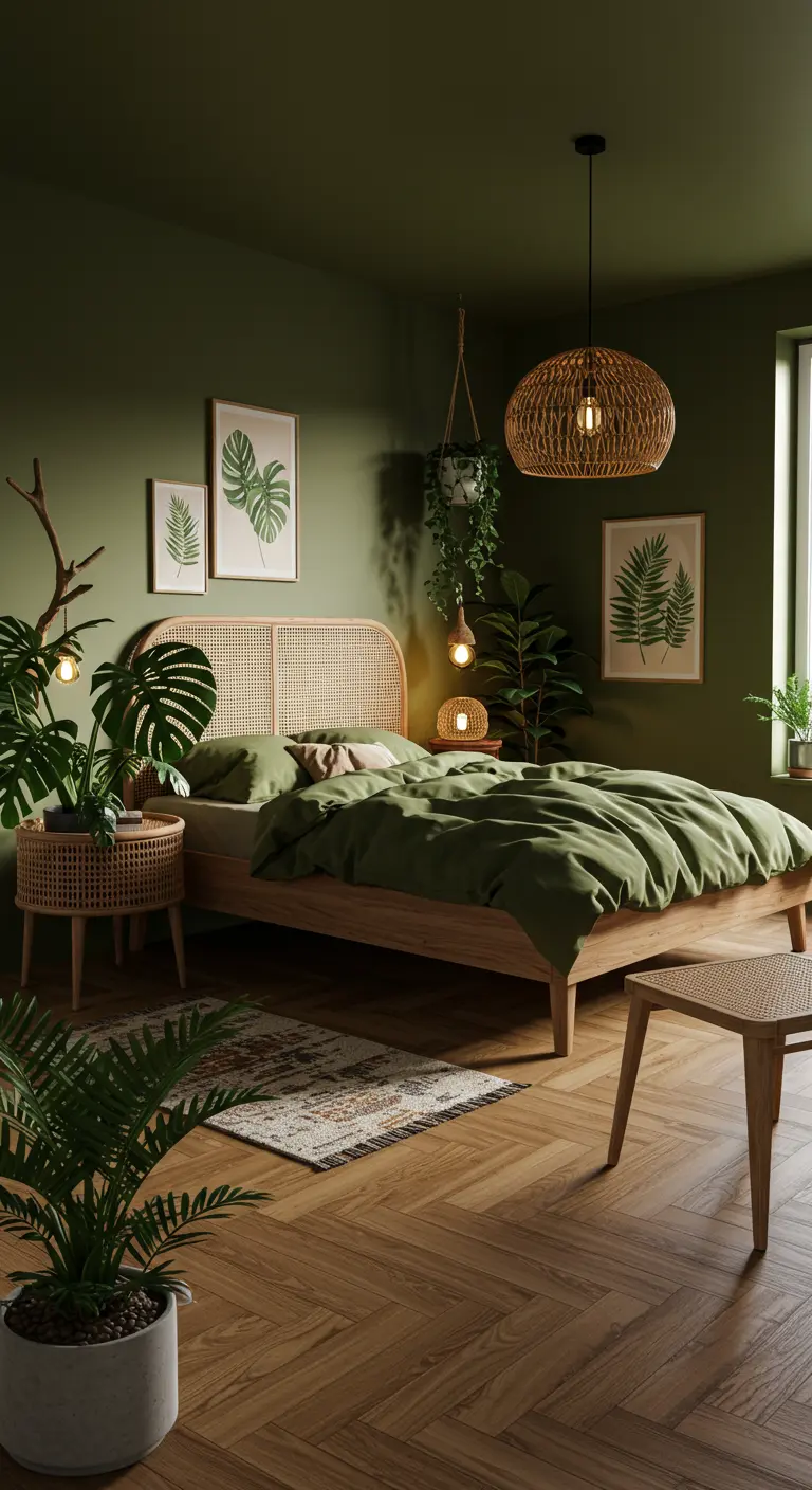 Slaapkamer in olijfgroene tinten met rotan bed, grote kamerplanten en botanische kunst.