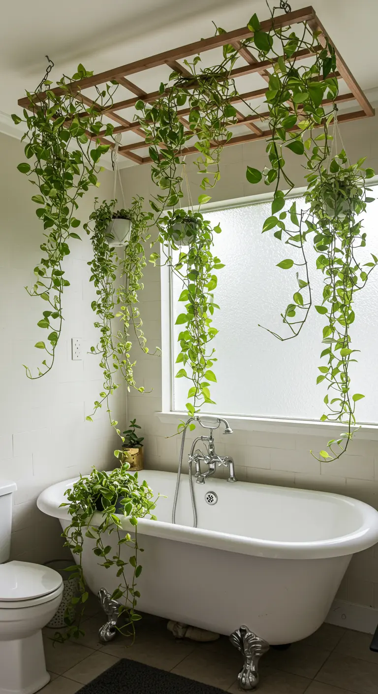 Scindapsus planten hangend van een houten trellis boven een vrijstaand bad in witte badkamer.