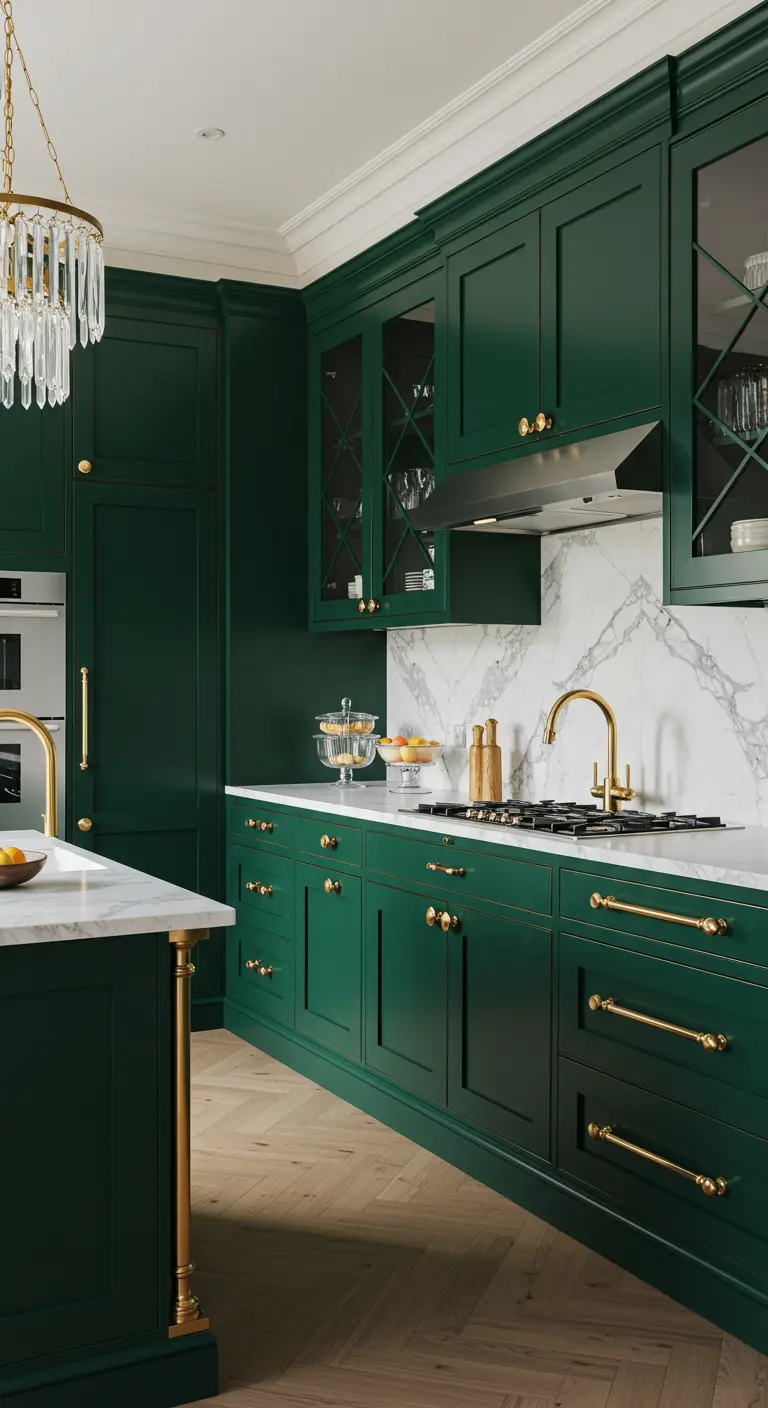 Diepgroene keuken met elegante gouden knop- en komgrepen en marmer.