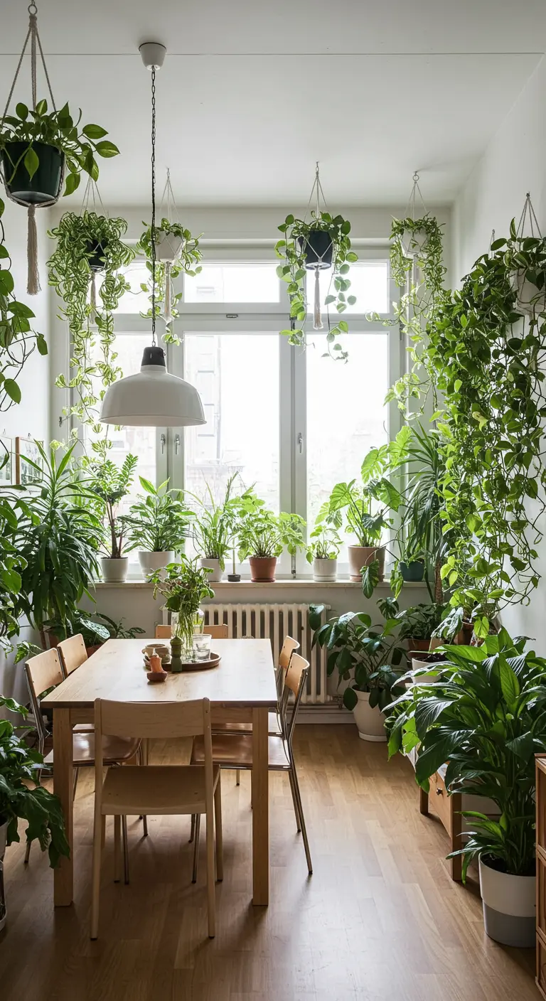 Lichte eethoek met een groot raam vol hangende en staande kamerplanten.