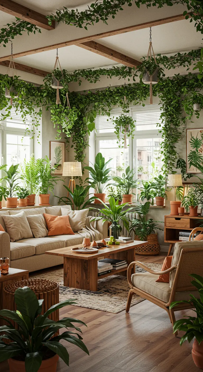 Lichte woonkamer overladen met diverse kamerplanten op verschillende hoogtes.
