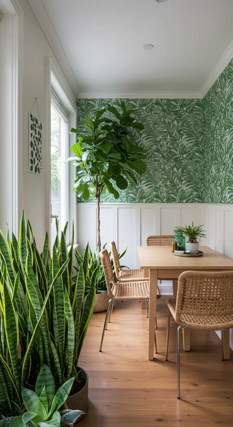 Eethoek met houten tafel, rotan stoelen, veel planten en groen bladbehang.