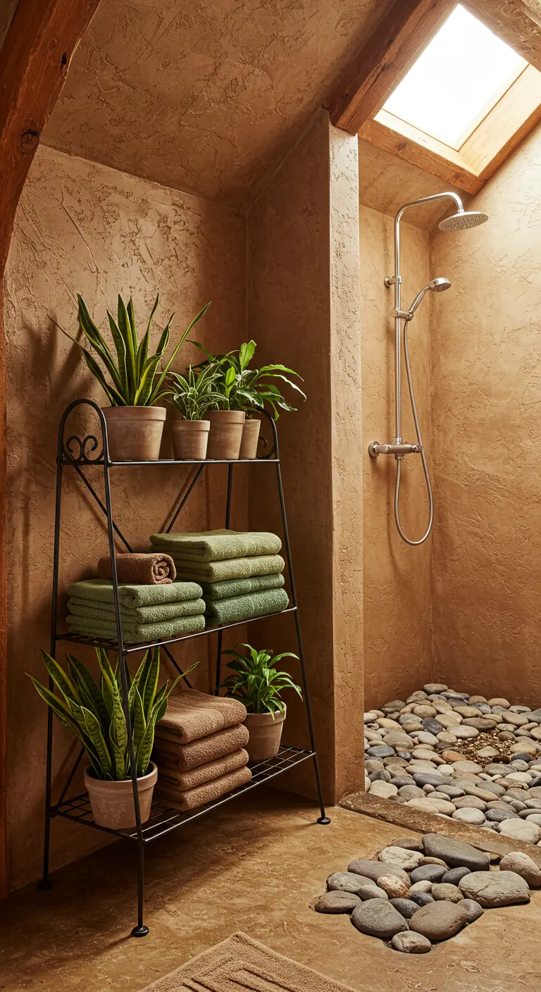 Metalen etagère met planten en handdoeken in rustieke badkamer.