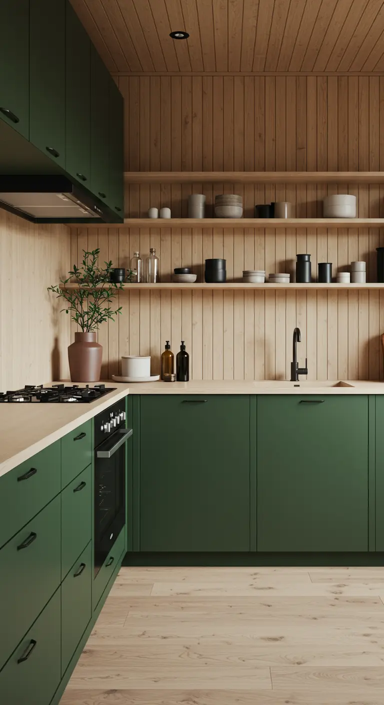 Moderne keuken met donkergroene onderkasten en een muur van houten latjes.