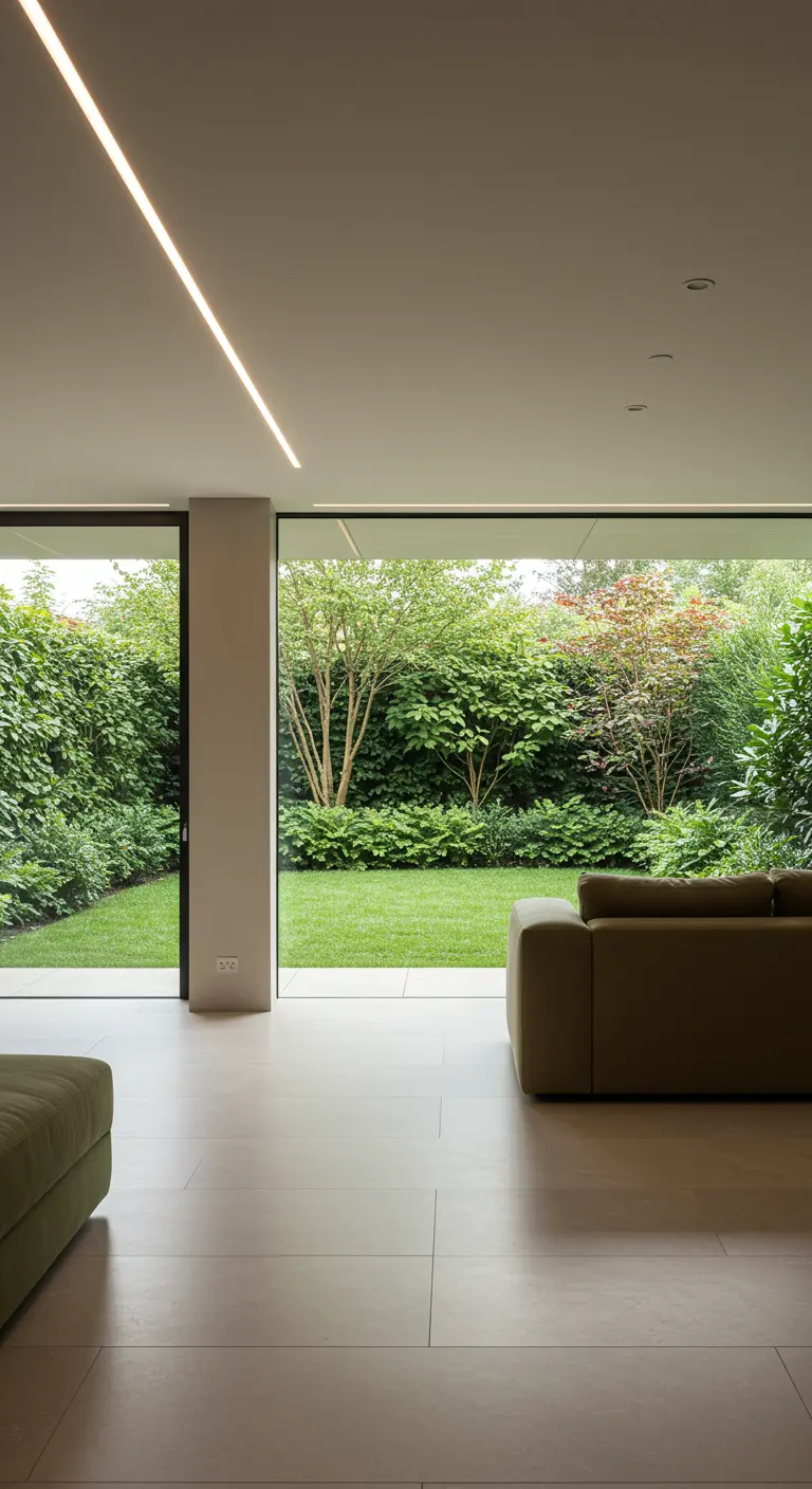 Woonkamer met glazen wanden naar groene tuin, lichte vloer en groene bank.